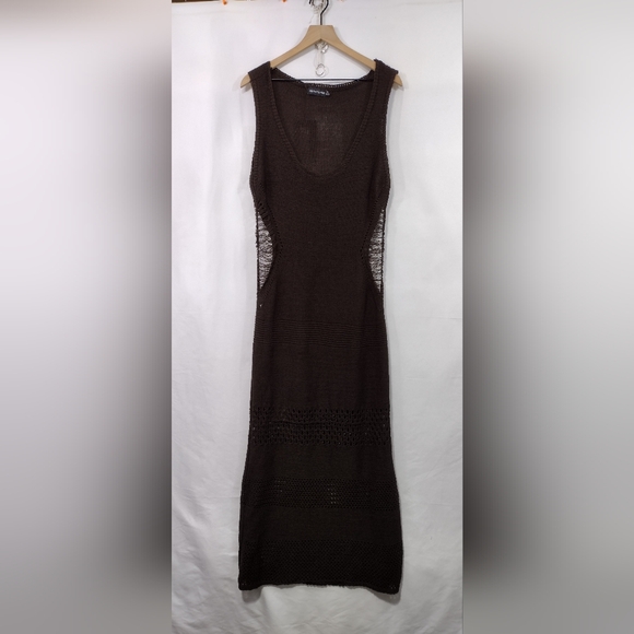 NWT PrettyLittleThing Crochet Plunged Maxi Dress Womens 10 Brown Boho Retro 90s - Picture 6 of 10